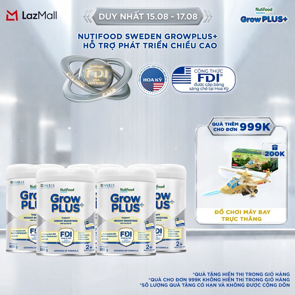 Combo 5 Sữa Bột Nutifood Sweden GrowPLUS+ Cao lớn vượt trội - Hỗ trợ phát triển chiều cao trên 2 tuổi (Bạc) 800g