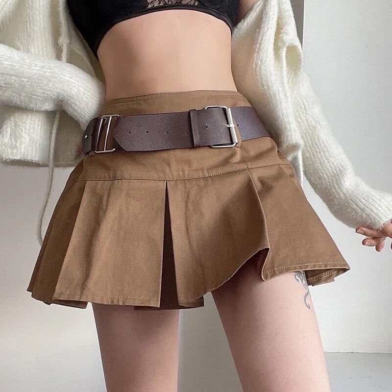 Chân váy xếp ly dáng chữ A màu nâu tặng kèm đai phong cách retro