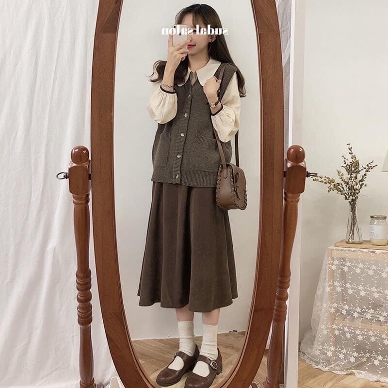 Set áo gile váy vintage mùa thu đông