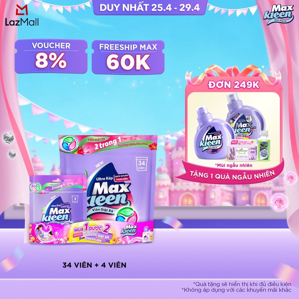 [TĂNG 4 VIÊN, GIÁ KHÔNG ĐỔI] Túi Viên Giặt Xả MaxKleen Hương Ngày Thư Thái (Túi 34+4 Viên)
