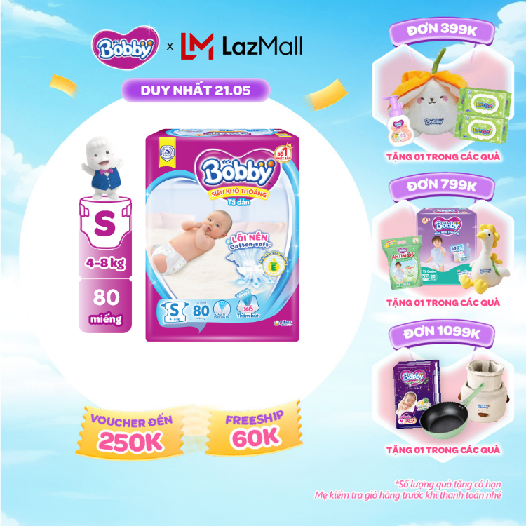[SALE CUỐI THÁNG tặng QUÀ TO-SLCH]Tã dán sơ sinh Bobby S80 mới- Lõi nén thần kỳ 3mm