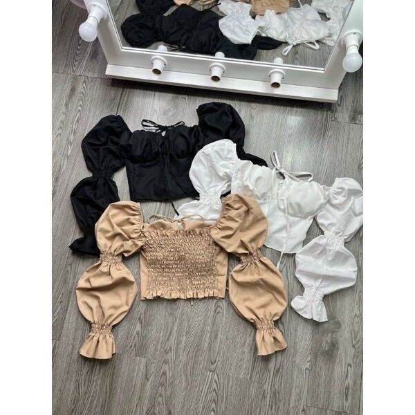 ÁO VOAN CỔ VUÔNG TAY DÀI CỘT KIỂU CROPTOP
