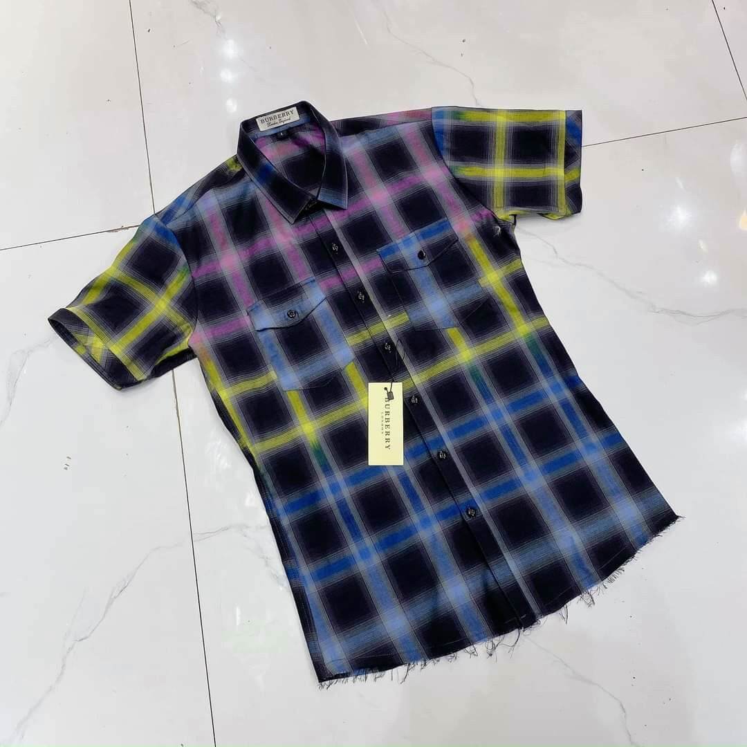 Áo sơ mi nam ngắn tay bbr rách gấu loang màu kẻ sọc caro , chất liệu cotton không phai màu hay xù lông