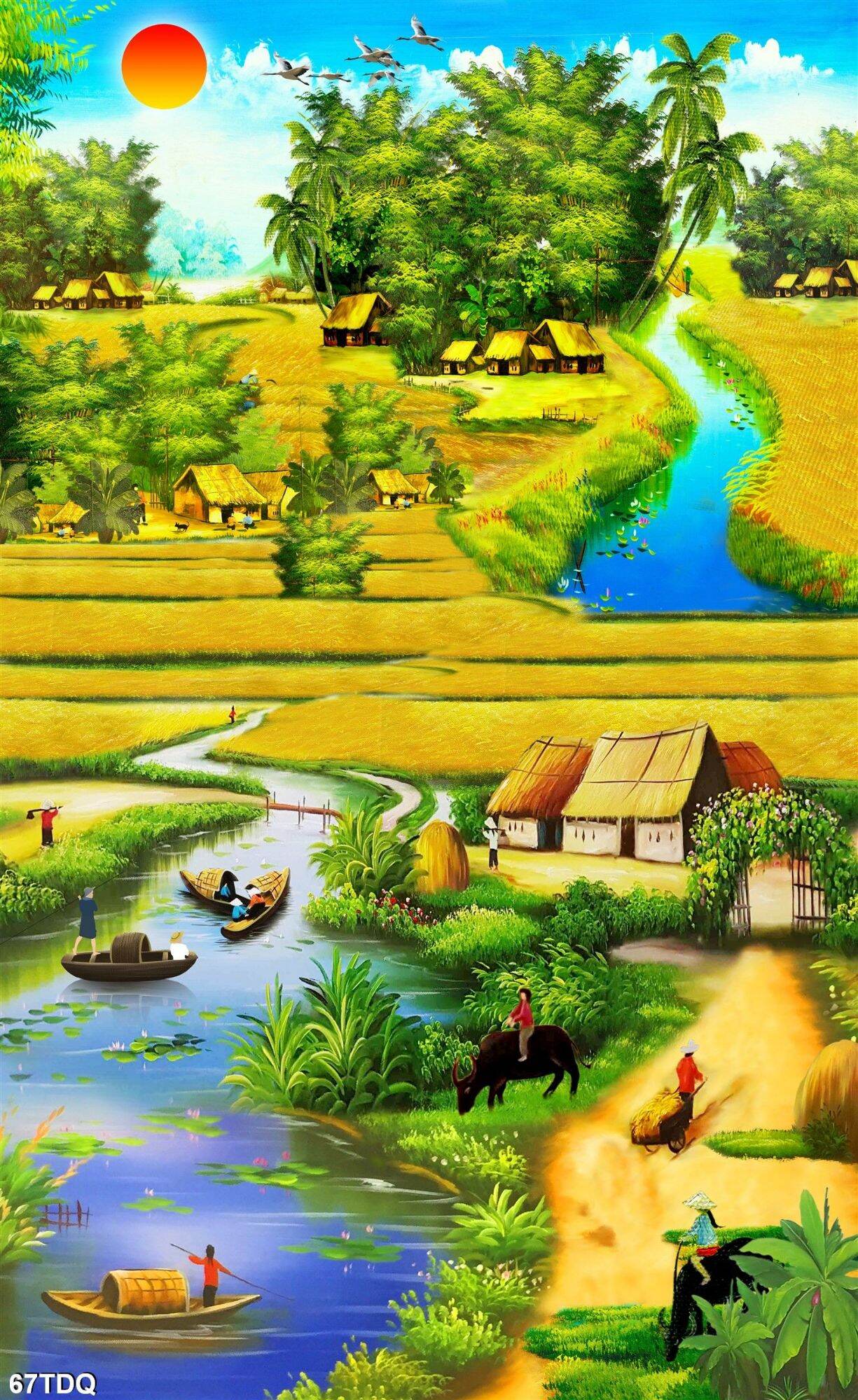 Tranh dán tường phong cảnh làng quê việt nam đồng lúa chín vàng 67tdq