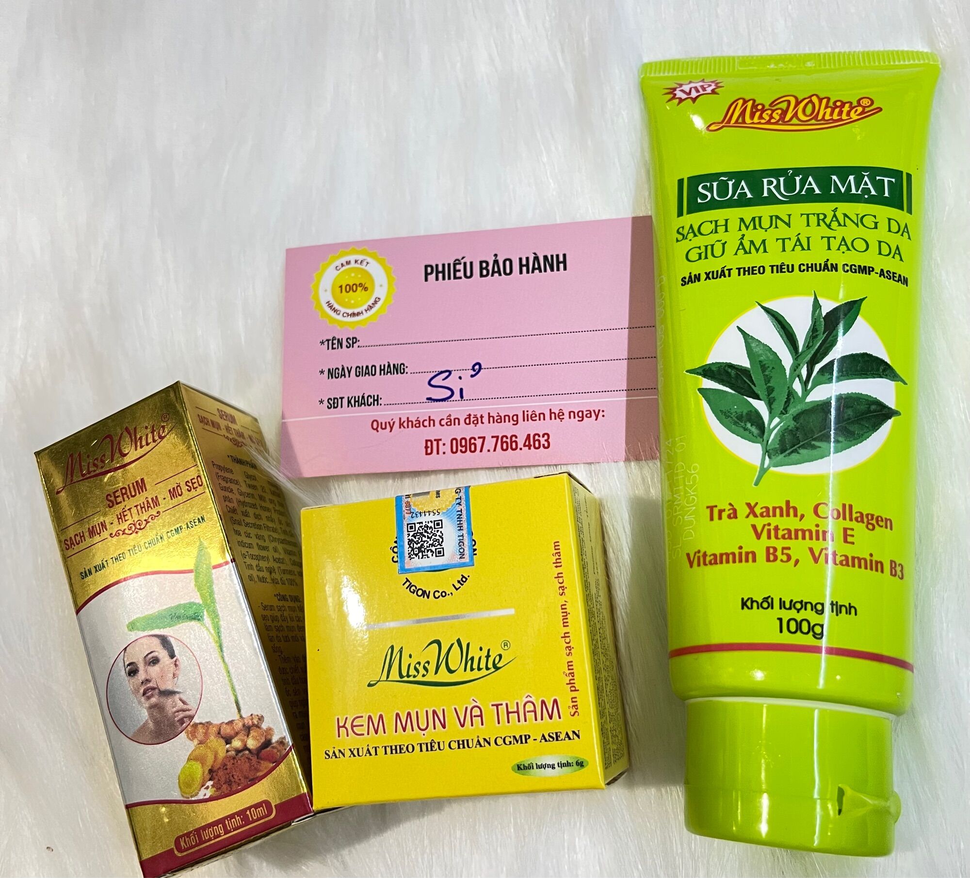 Combo kem hết mụn, thâm Miss White 6g+ Serum mụn 10ml+ srm trà xanh