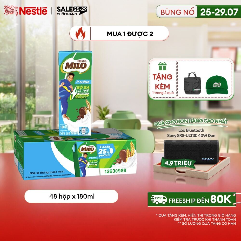 [ƯU ĐÃI THÁNG 7] [Giao hàng toàn quốc] Sữa lúa mạch Nestlé® MILO® ít đường thùng 48 hộp x 180ml (1x4x180ml)
