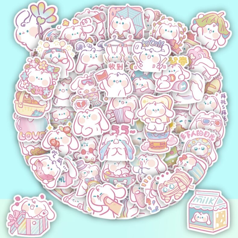 Set 50 - 100 hình dán sticker chống nước thỏ trắng