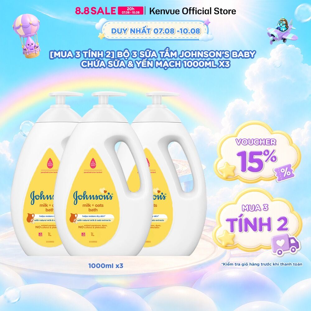 [Mua 3 tính 2] Combo 3 Sữa tắm Johnson's Baby Chứa Sữa Gạo  Yến Mạch 1000ml/chai