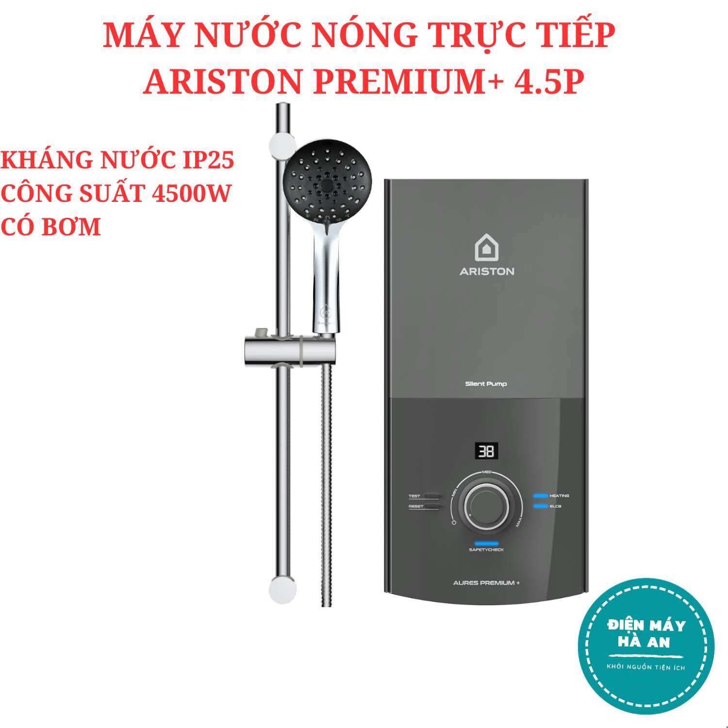 Máy nước nóng trực tiếp Ariston AURES PREMIUM+ 4.5P 4500W CÓ BƠM - Hàng chính hãng - Bảo hành 24 tháng
