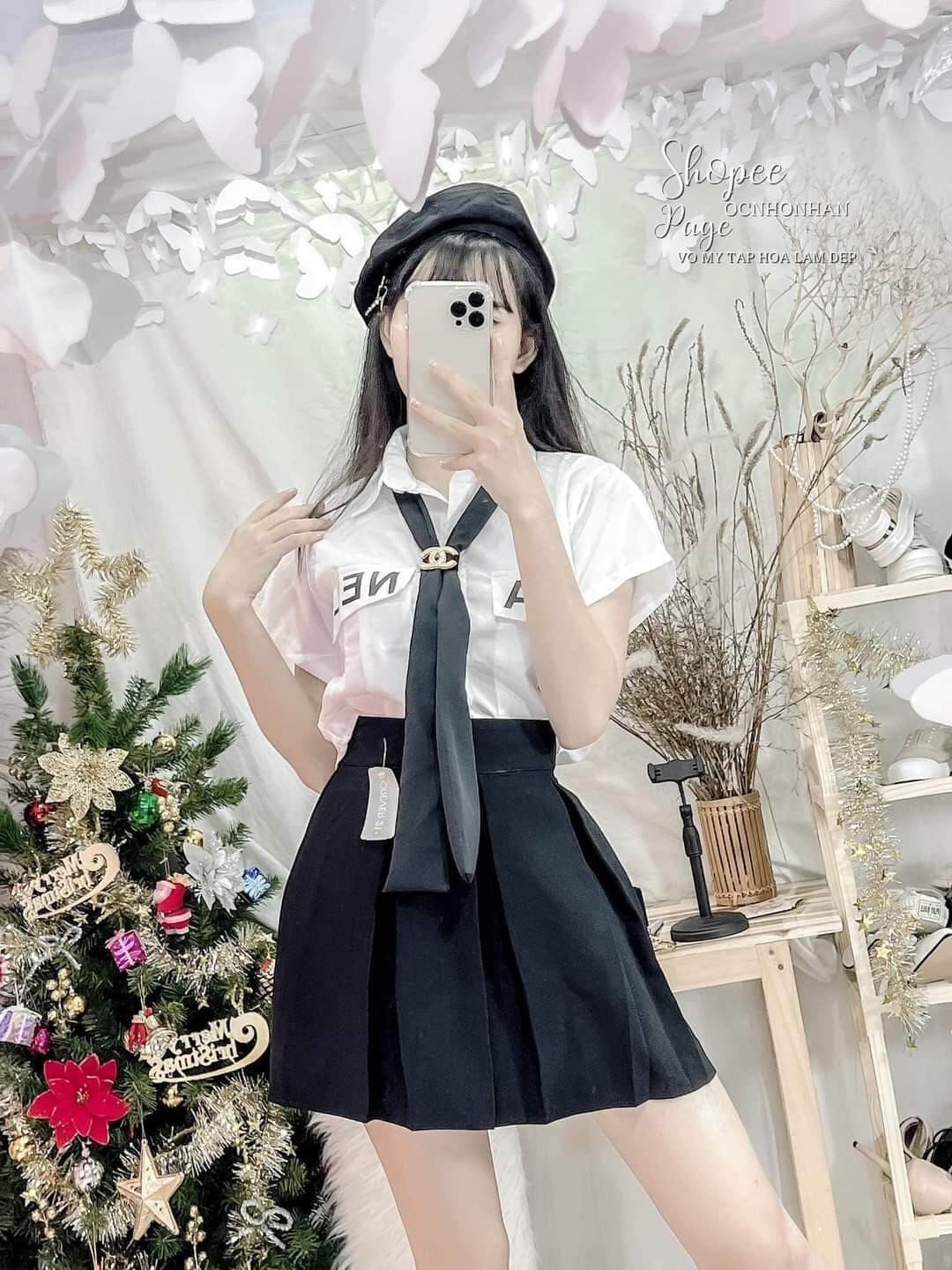 🍀 set áo sơmi kèm càvat + chân váy xếp ly