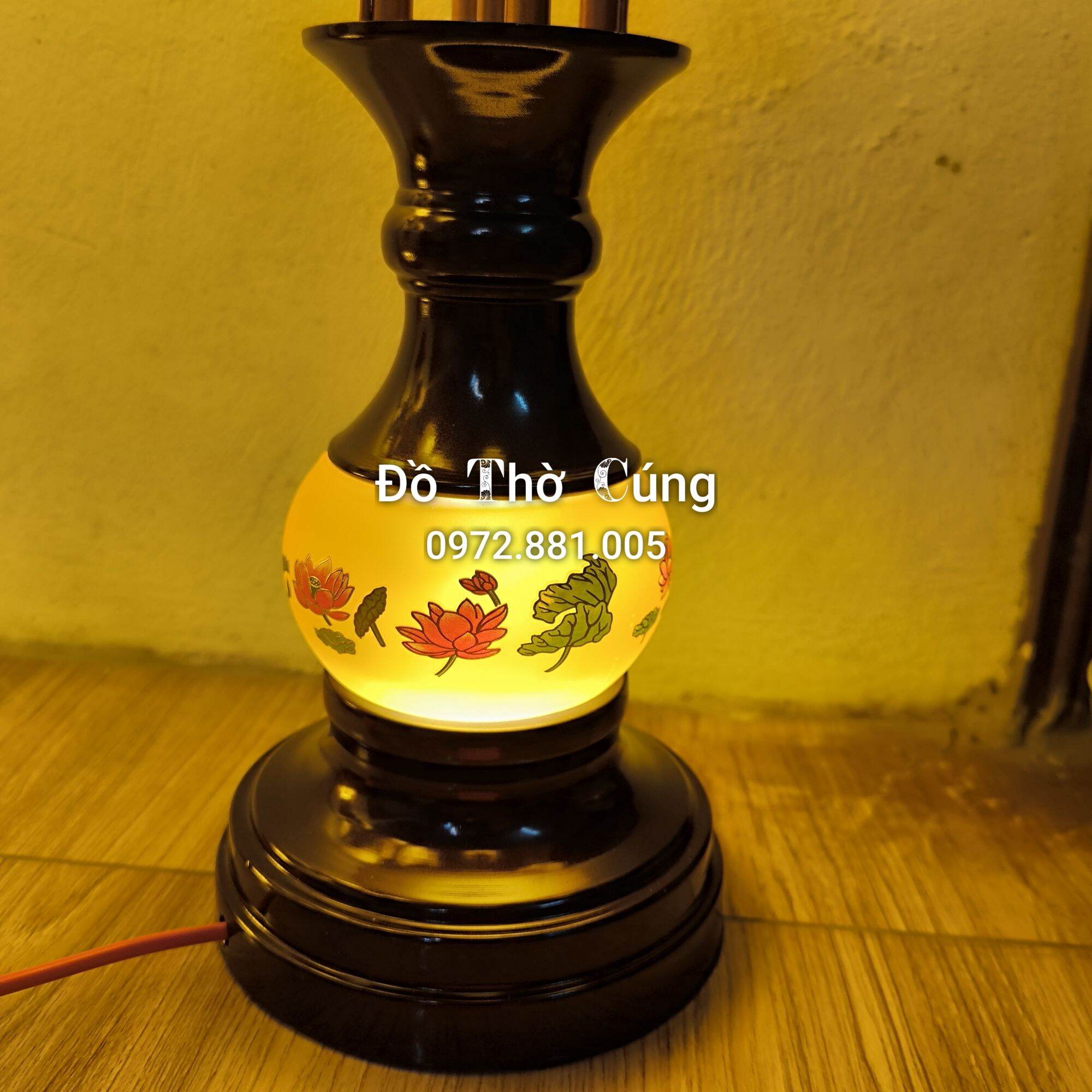 Đèn thờ điện cao cấp , đèn Chùm bông lưu ly chân đồng ( thân dán sen hồng)