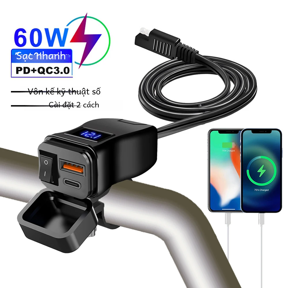 6.8a Pd + qc3.0 Sạc Điện Thoại Xe Máy Ổ Cắm USB Kép 60W Chống Nước 12V Bộ Chuyển Nguồn Có Công Tắc Vôn Kế tay Cầm Gắn