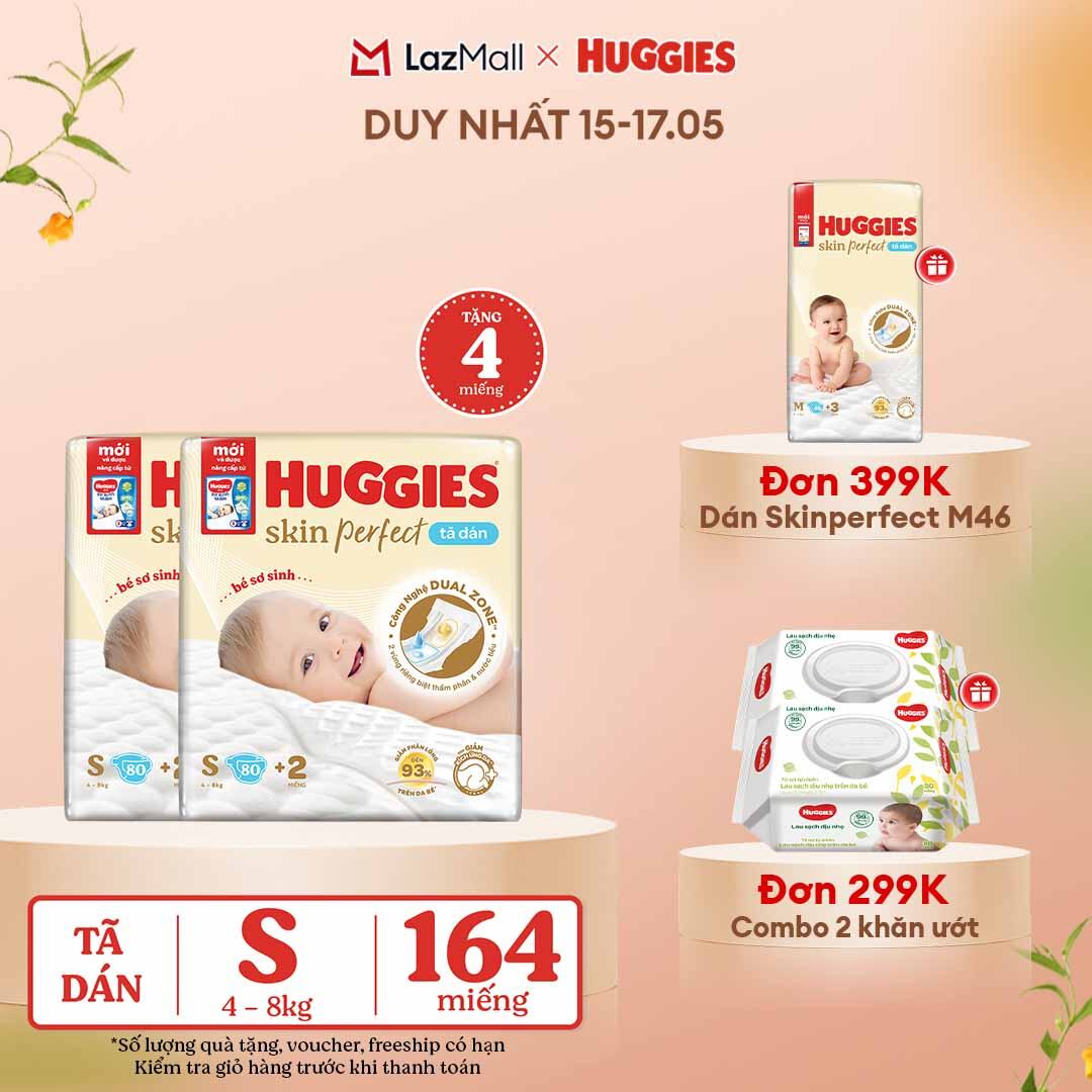 [CHỈ 15-17.05 QUÀ TẶNG ĐƠN 0Đ]  Combo 2 Tã/Bỉm dán sơ sinh Huggies Skin Perfect S80 - 80 miếng