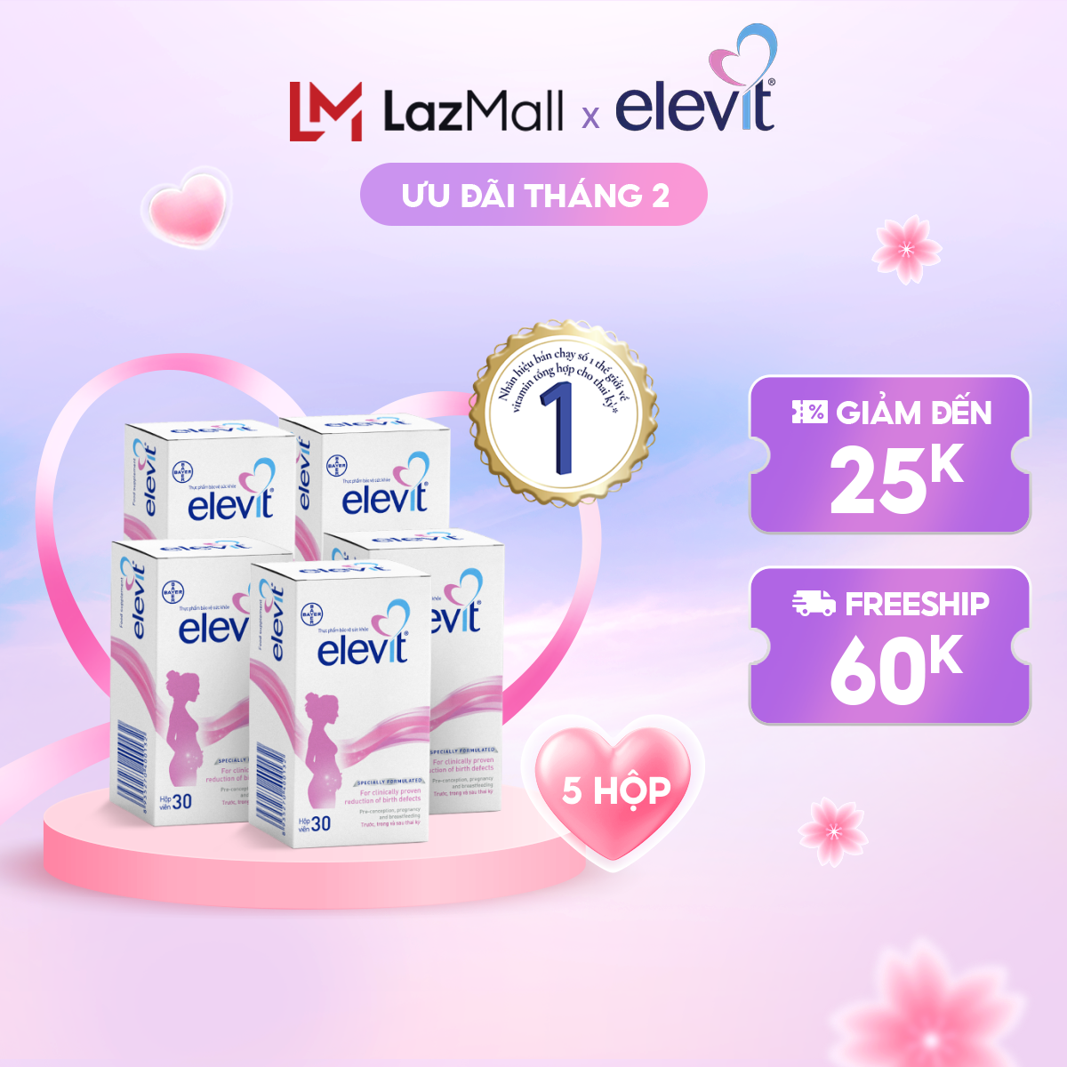 Bộ 5 Hộp Vitamin Bầu Tổng Hợp Elevit Cho Phụ Nữ Trước Trong và Sau Thai Kỳ (30 Viên/ Hộp)