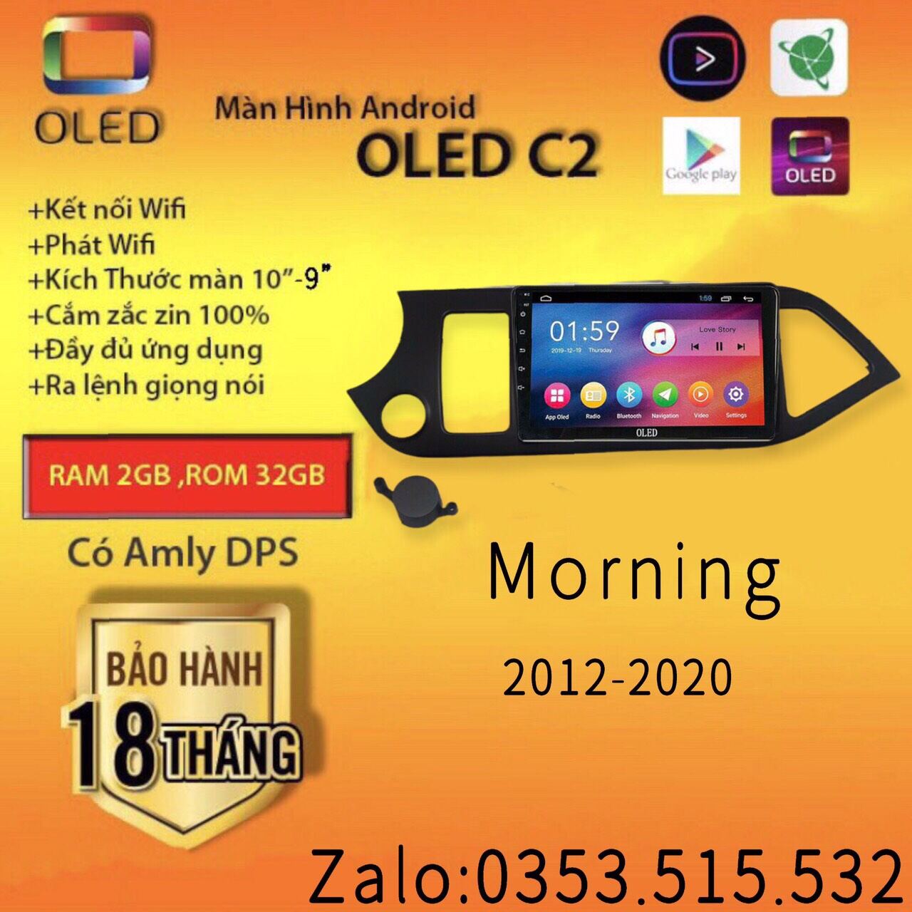 Màn hình android oled c2 theo xe kia morning 2012-2020, kèm dưỡng và jack nguồn zin