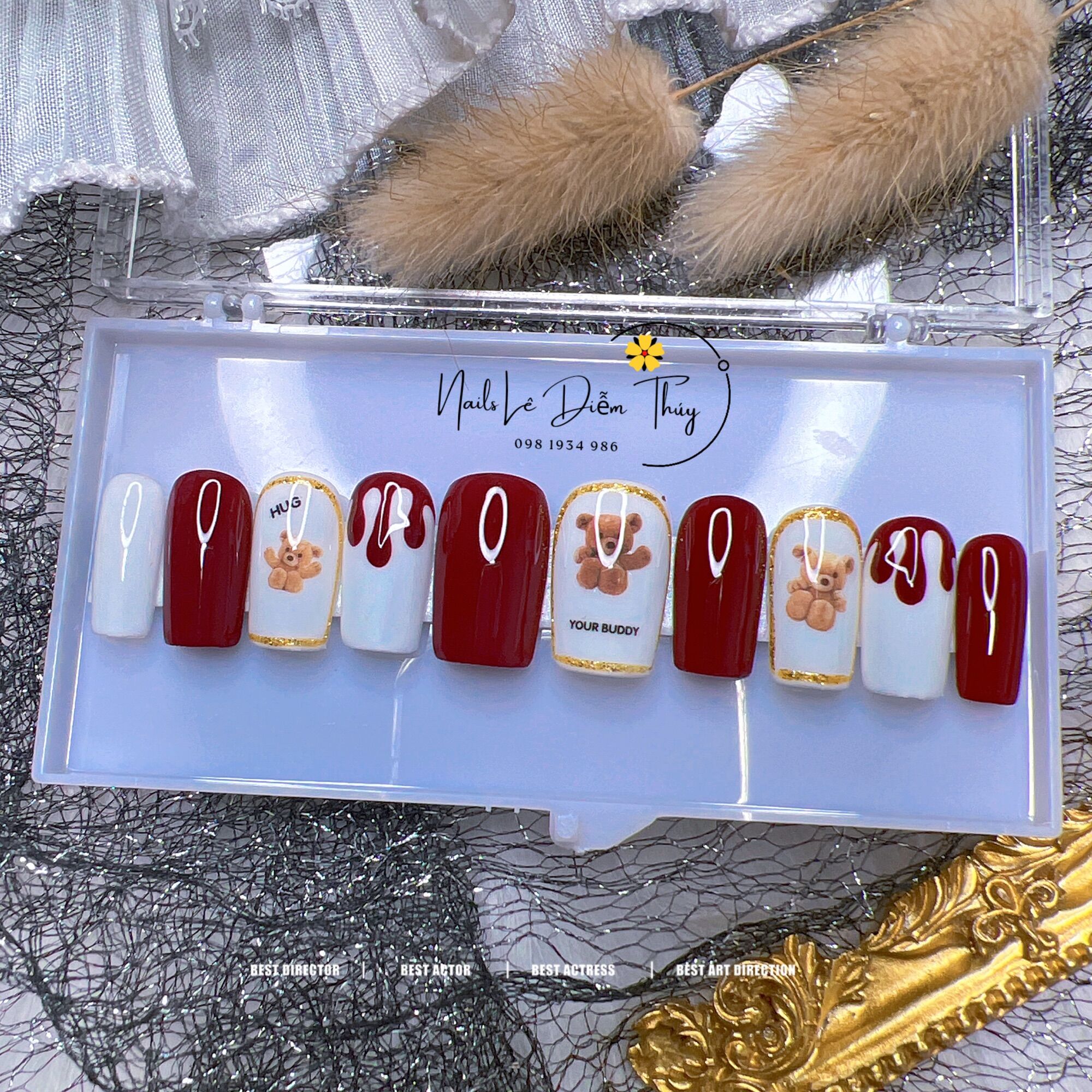 Nail Box design pink hears nail tip White
