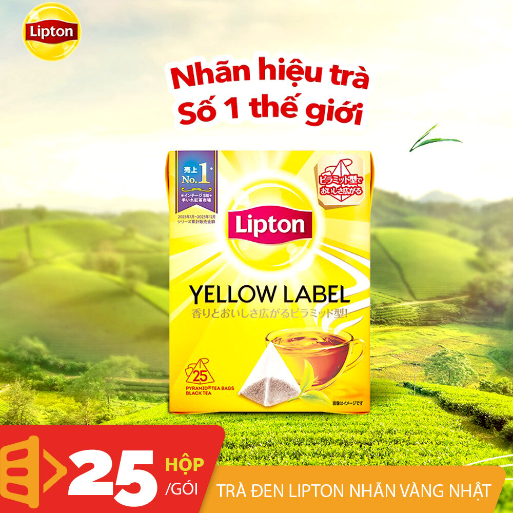 Hộp trà Lipton nhãn vàng Nhật Bản túi lọc kim tự tháp hộp 25 gói