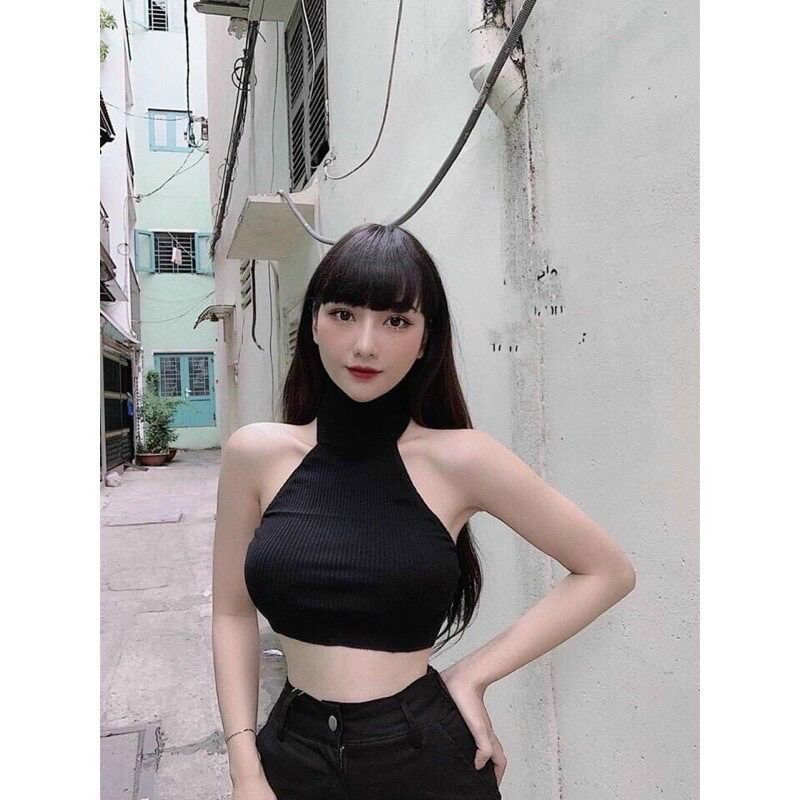 Áo yếm cổ lọ nút gài hở lưng thun gân