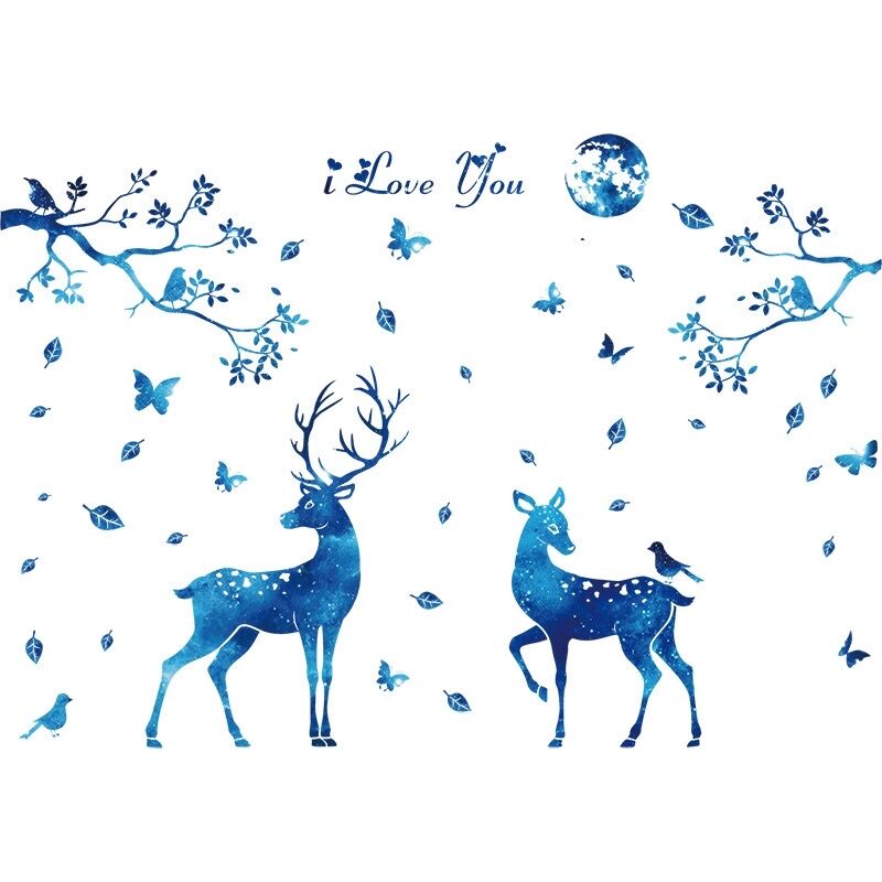 Decal dán tường đôi nai xanh và cửa sổ( tranh ghép)