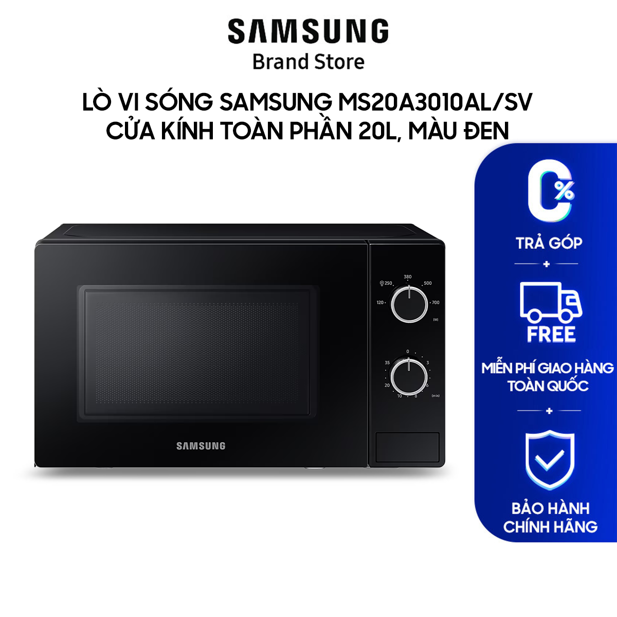 [MIỄN PHÍ VẬN CHUYỂN] Lò vi sóng SAMSUNG MS20A3010AL/SV Cửa kính toàn phần 20L, Màu Đen
