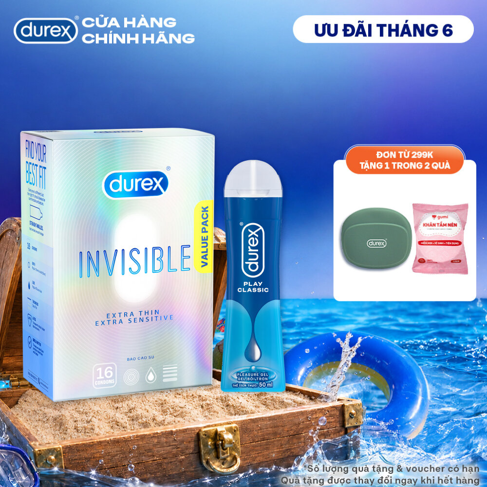 Combo Durex Invisible siêu mỏng hộp 16 bao và Gel bôi trơn Durex Play Classic chai 50ml