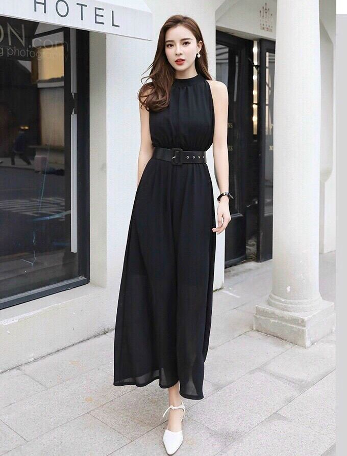 Đầm maxi cổ yếm eo chun kèm belt