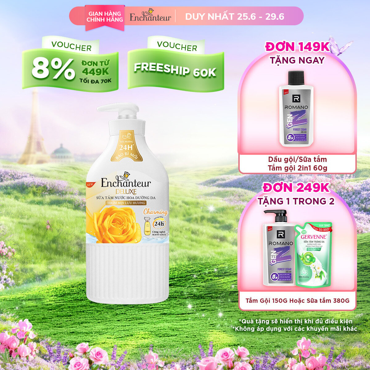 Sữa tắm trắng và dưỡng ẩm Enchanteur Charming 650g