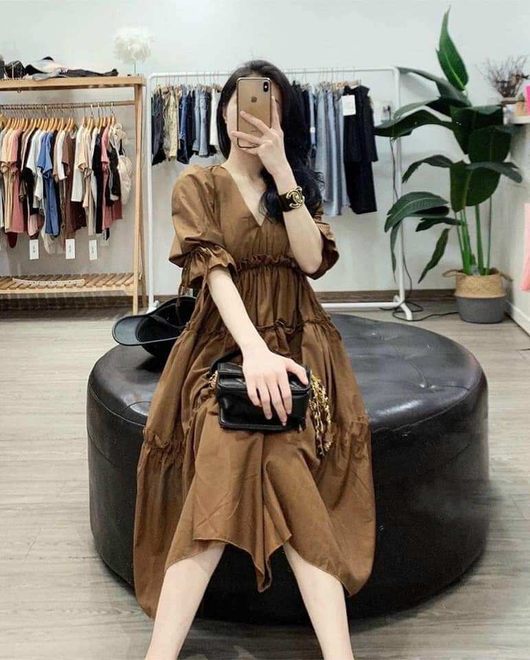 Váy bầu bigsize màu nâu cổ V