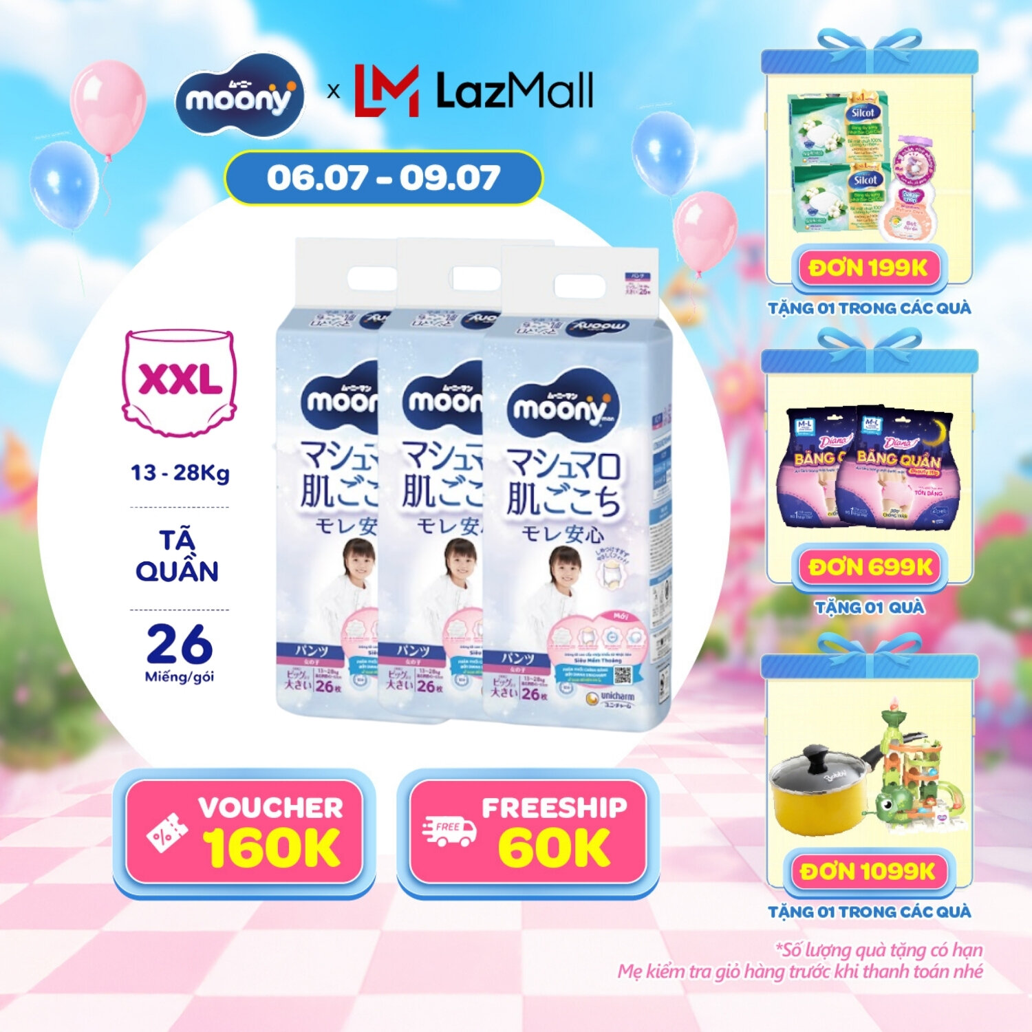 [SALE CUỐI THÁNG QUÀ SLCH] Combo 3 tã quần cao cấp Moony Bé Gái XXL26 miếng - Nhập khẩu từ Nhật Bản