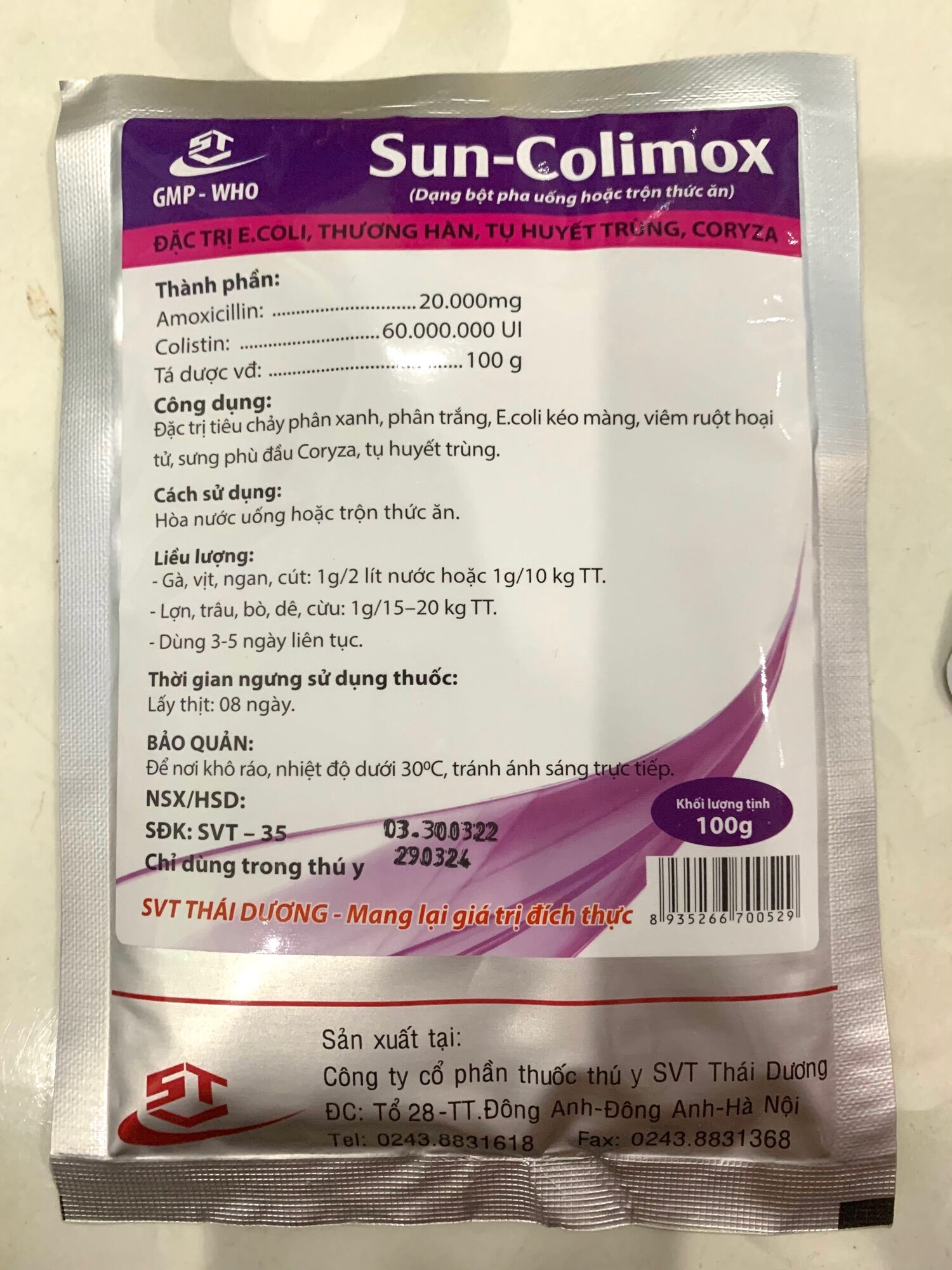 1 Gói Amox- Colistin 100 gram Đtri Phân xanh, phân trắng, viêm ruột hoại tử dùng cho gia súc và gia cầm gà, vịt.