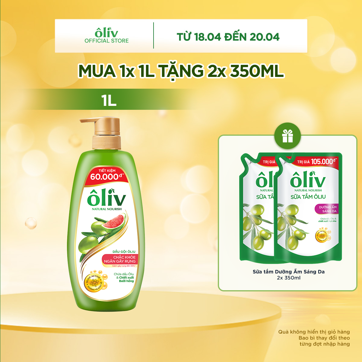 Combo Dầu Gội Ôliv Chắc Khỏe Ngăn Gãy Rụng 1L + Tặng 2 Túi Sữa Tắm Oliv Dưỡng Ẩm Sáng Da 350MLx2