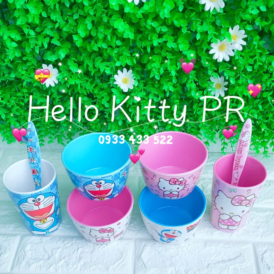 CHÉN MUỖNG LY BÀN ĂN HELLO KITTY & DORAEMON