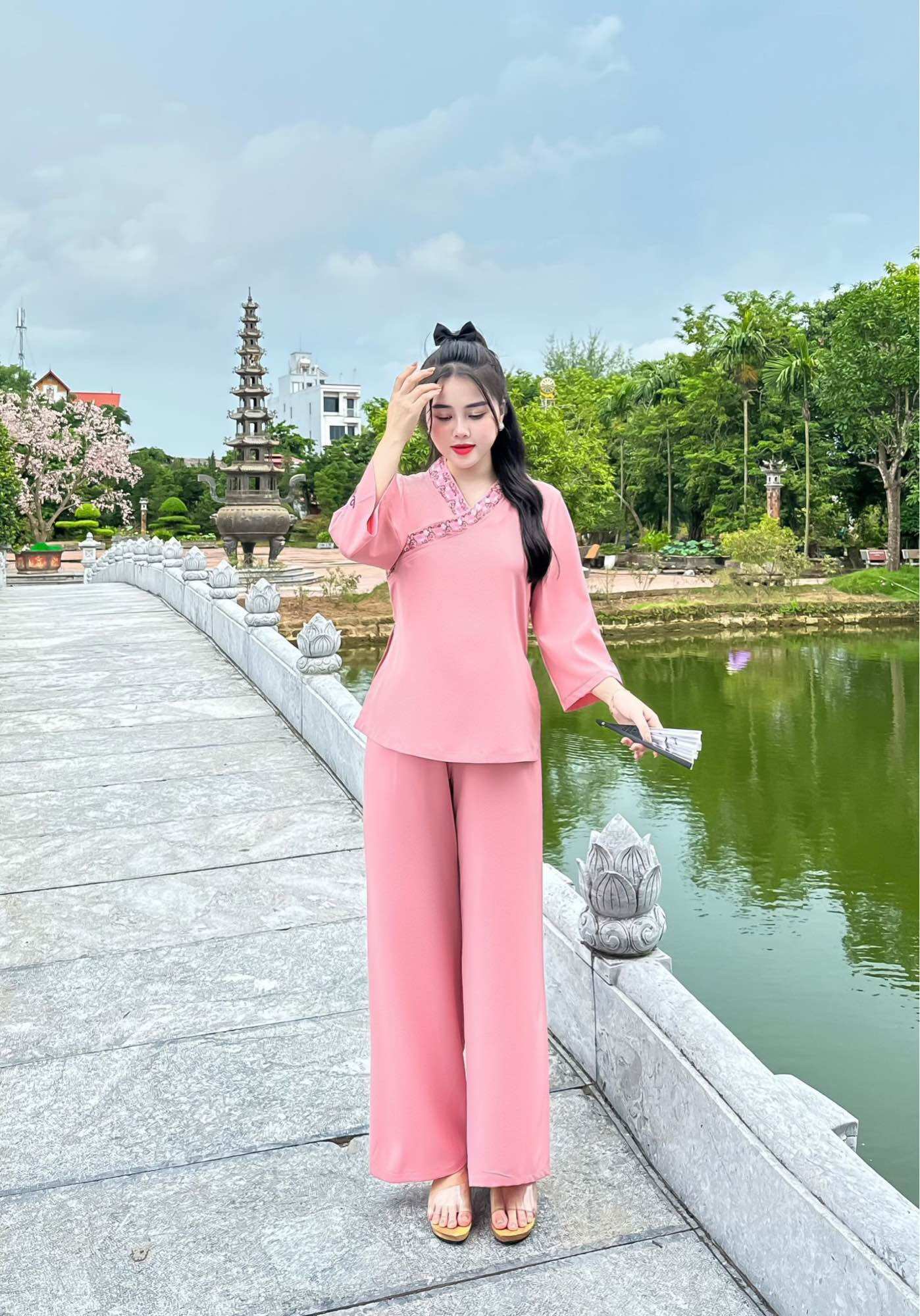 Set lam/Pháp phục trang nhã lụa phối gấm cổ V Diệu Hạnh cao cấp