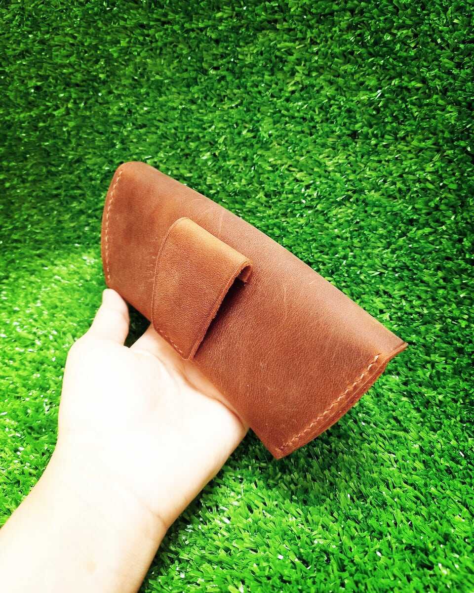 Bao Da Đựng Mắt Kính Da Bò (Da Thật) Nút Bóp - da Thủ Công Handmade V1
