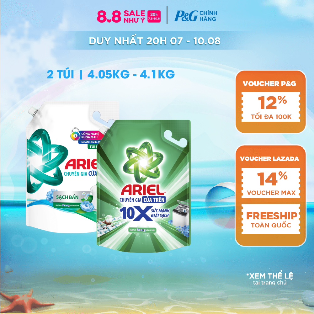 [Xu 17%] Combo 2 Nước Giặt Cửa Trên ARIEL Ngăn Lem Màu, Quần Áo Siêu Thơm Hương Sạch Sâu Nắng Mai Túi 4.1KG