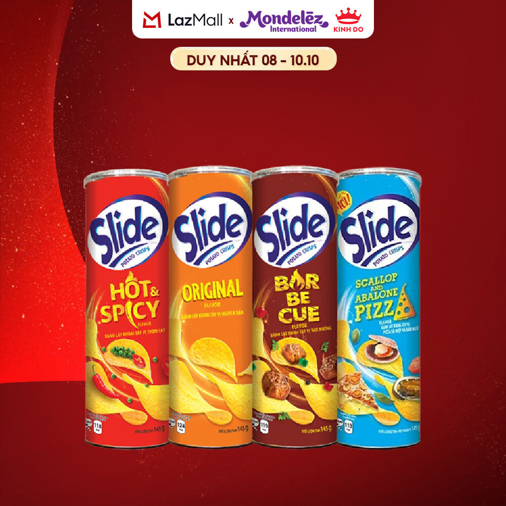 Bánh Lát Snack Khoai Tây Slide Vị Ngẫu Nhiên (Tự Nhiên, Thịt Nướng, Thơm Cay, Sò Điệp), Combo 4 Lon X 145G