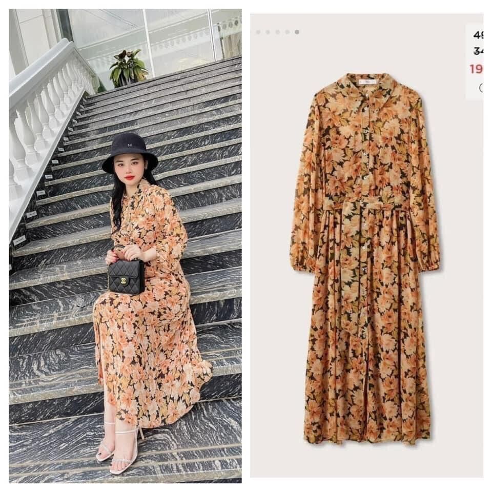Đầm Mango dài auth new full tag thanh lịch hoa cam voan XS