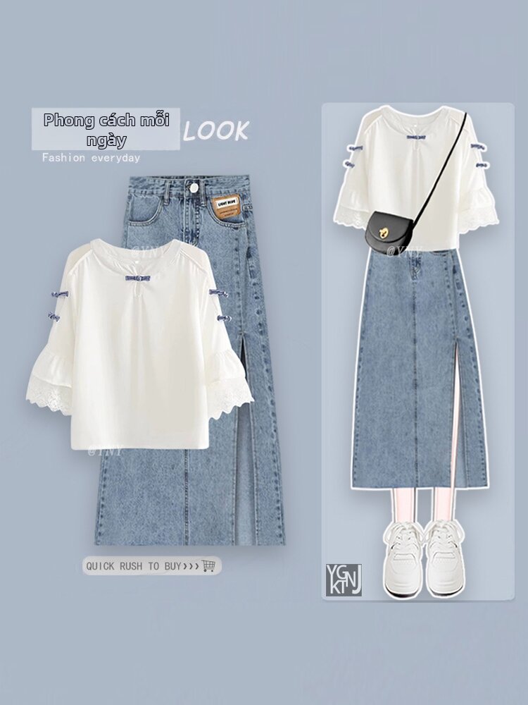 YINGKETUO | Áo Sơ Mi Denim Cạp Cao Hai Mảnh Thời Trang Mùa Hè 2026 Dành Cho Nữ, Áo Chui Đầu Cổ Tròn Tay Dài, Quần Áo Công Sở Đơn Giản