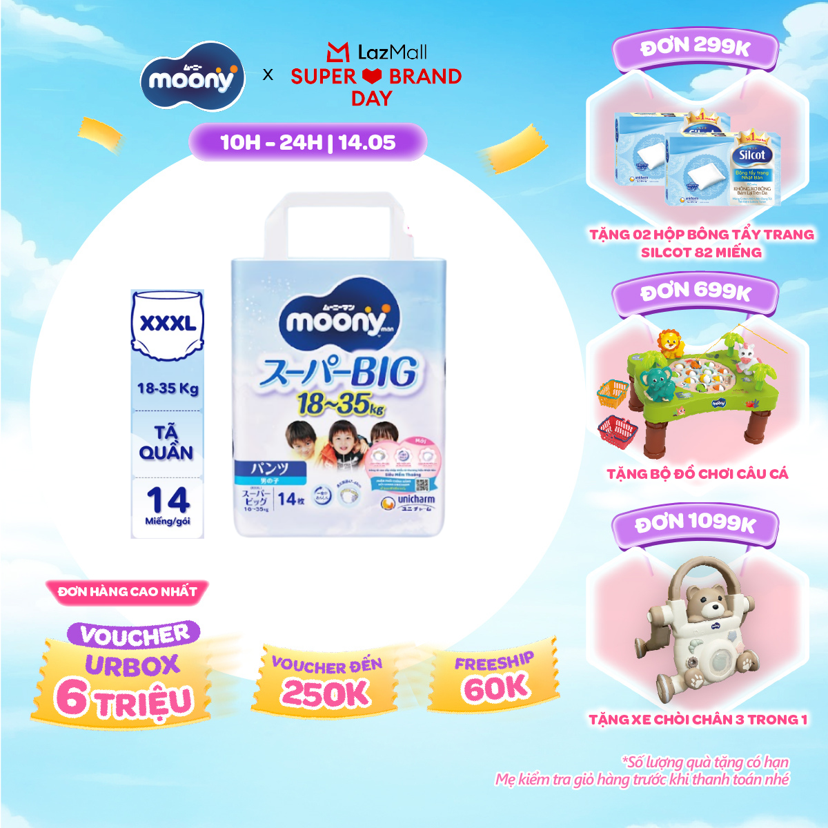 [SALE GIỮA THÁNG tặng QUÀ TO-SLCH] Tã quần cao cấp Moony Bé Trai XXXL14 miếng - Nhập khẩu từ Nhật Bản