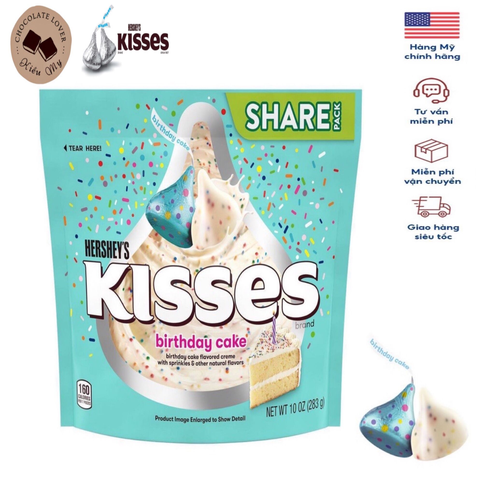 Kẹo Socola Mỹ sữa Hershey's Kisses Birthday Cake gói 283gr vị kem sữa tươi
