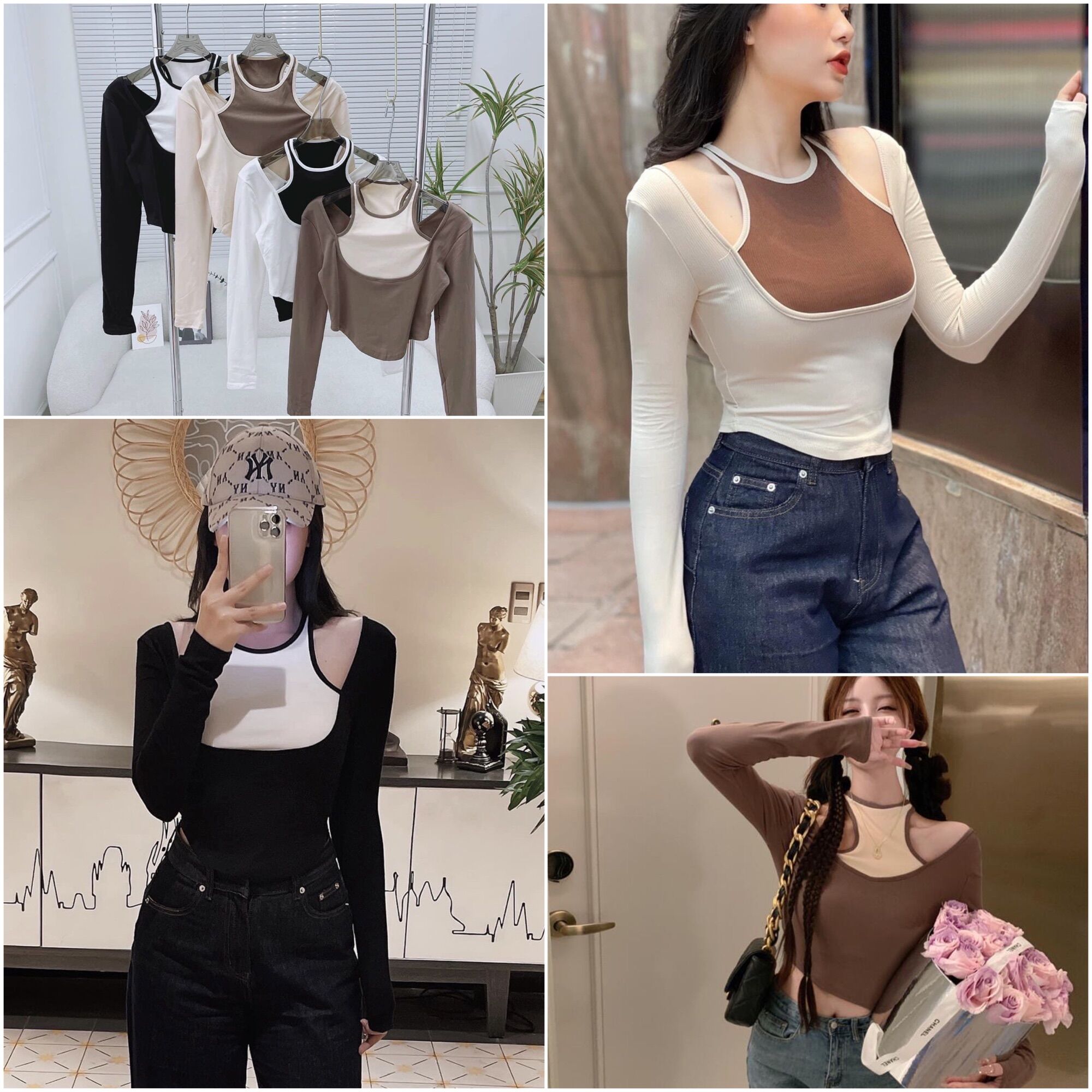 Áo croptop cổ yếm khoét vai tay dài phối 2 màu