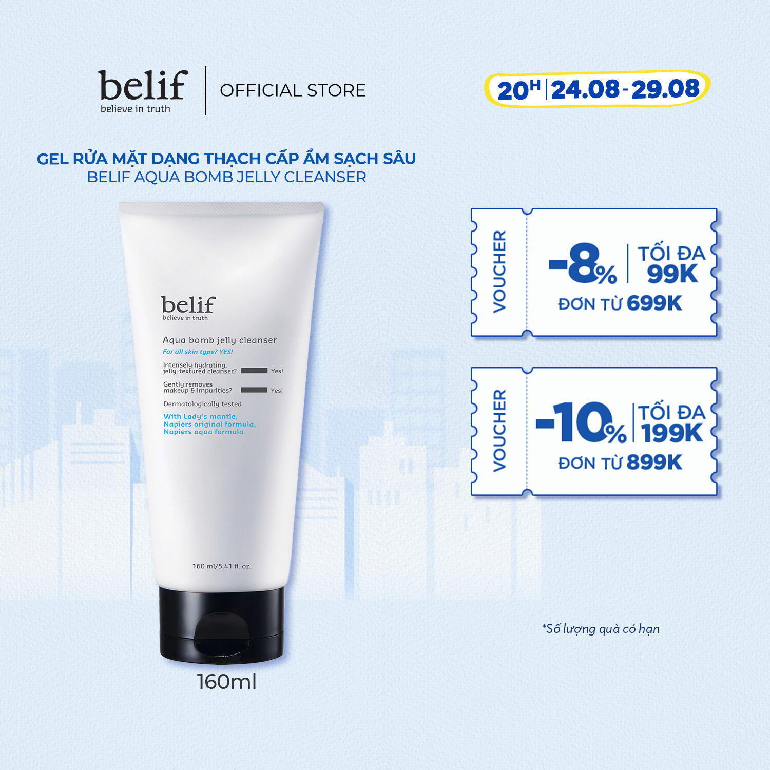 Gel rửa mặt dạng thạch belif Aqua Bomb Jelly Cleanser 160ml