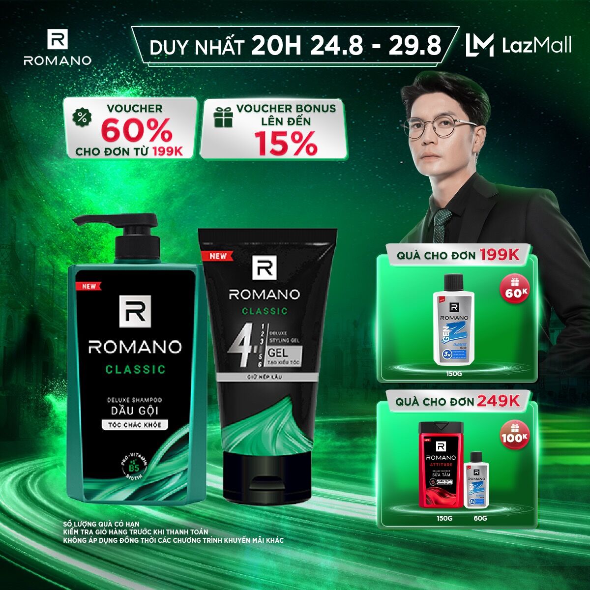 Combo dầu gội hương nước hoa 650g + gel vuốt tóc 150g romano classic
