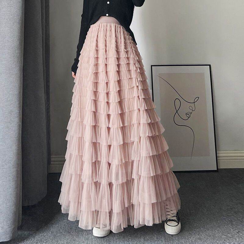 Váy Lưới Nhiều Lớp Mùa Hè Cho Nữ Váy Dài Đến Giữa Bắp Chân Váy Dài Đến Đầu Gối Váy Xếp Ly Phong Cách