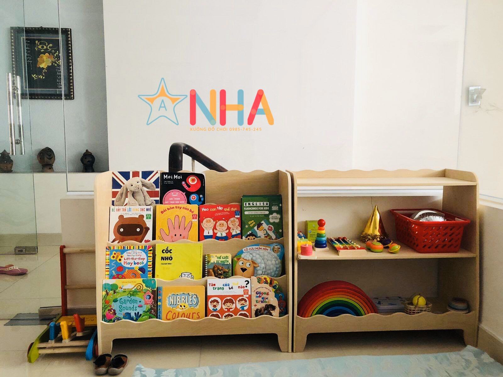 Combo kệ sách và kệ đồ chơi Montessori cho bé kệ sách Montessori trẻ em gỗ plywood an toàn cho bé
