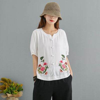 Áo Phông Mùa Hè Mẫu Mới 2022 Áo Tay Ngắn Thêu Hoa Cổ Điển Cotton Lanh Phong Cách Dân Tộc Cho Nữ Trang Phục Cho Mẹ Rộng Rãi Cỡ Lớn