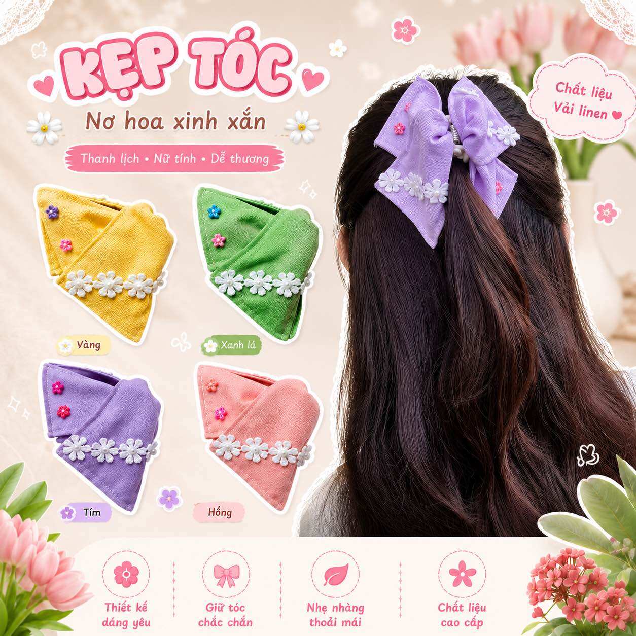 Kẹp tóc tam giác màu paastel dễ thương vải Linen (kẹp 11cm)