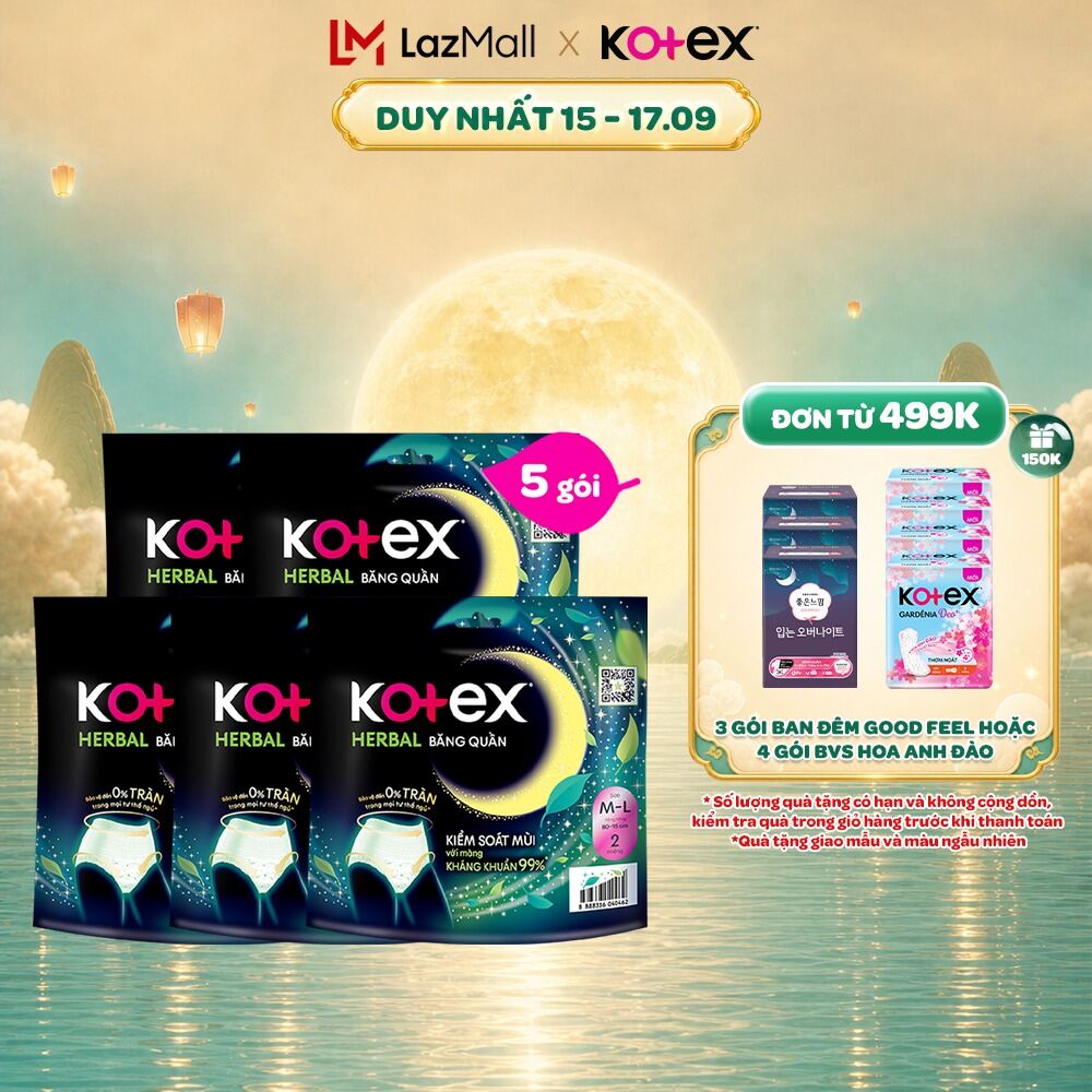 Combo 2/Combo 5/Thùng 16 gói/Băng vệ sinh quần Kotex Ban Đêm Thảo Dược Herbal M-L 2 miếng