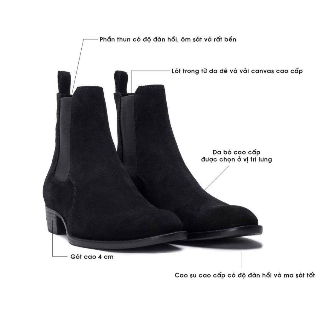 Giày Bốt Nam, 4cm Heels Chelsea Boots Classic Da lộn đế cao su