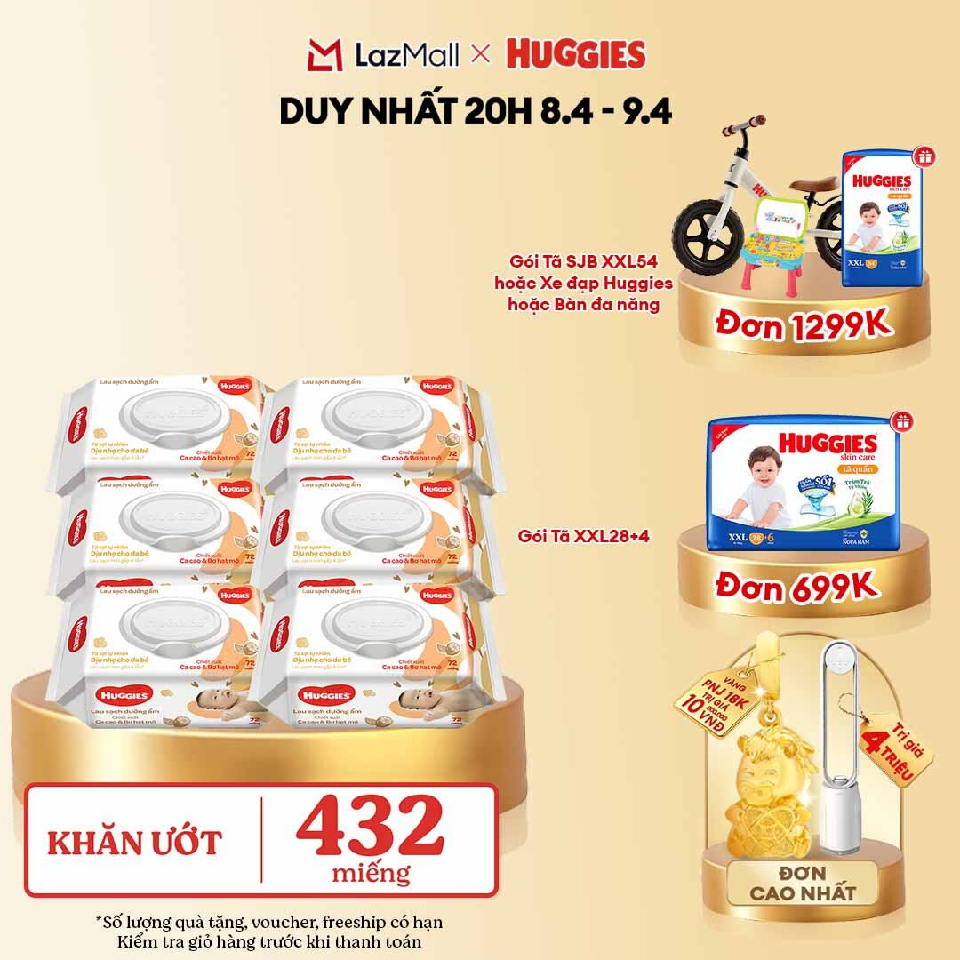 [CHỈ 10.04 GIẢM THÊM 90K] Combo 6 gói Khăn giấy ướt cho trẻ sơ sinh HUGGIES (Gói 72 tờ)-Chiết xuất Cao cao  Bơ hạt mỡ